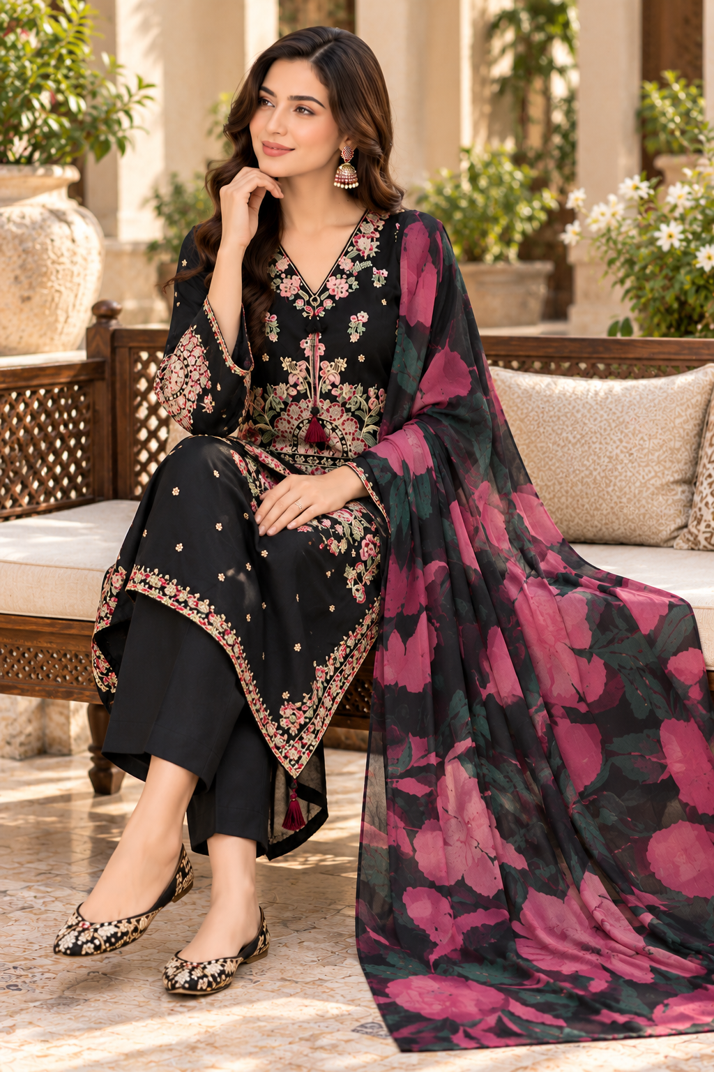 Black Silk Viscose 3-Piece Suit with Pink Floral Digital Print Dupatta