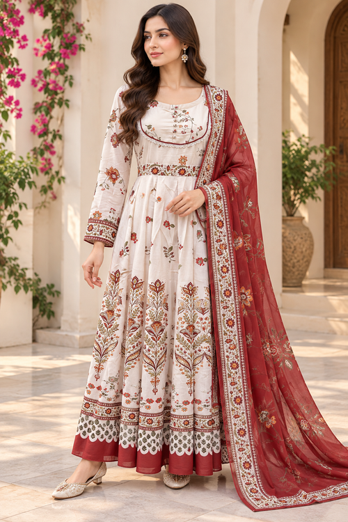 Ivory Floral Printed Lawn Frock with Maroon Silk Dupatta