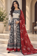 Ivory & Black Floral Printed Lawn Frock with Red Silk Dupatta