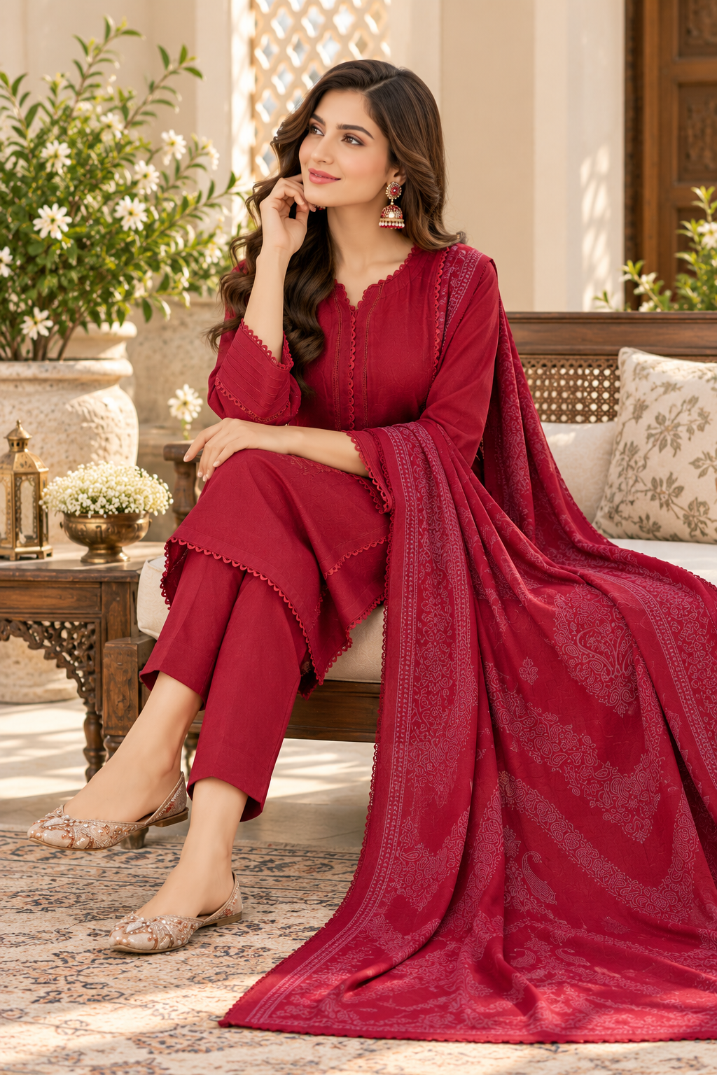 Maroon Red Dhanak 3-Piece Suit with Printed Dhanak Shawl