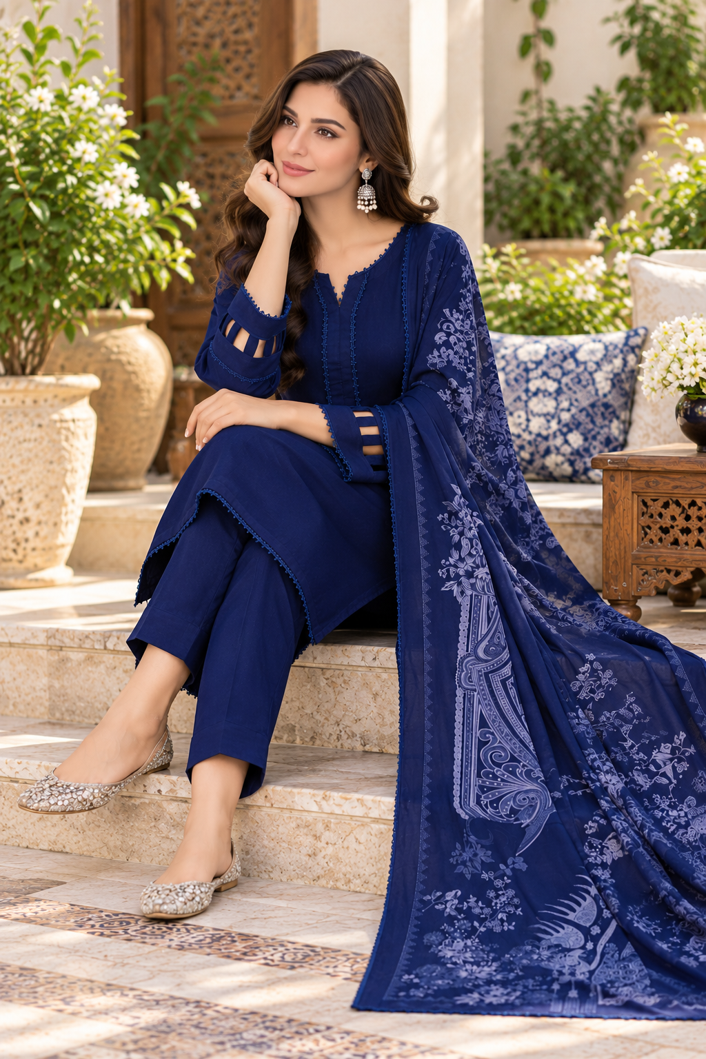 Navy Blue Dhanak 3-Piece Suit with Printed Dhanak Shawl