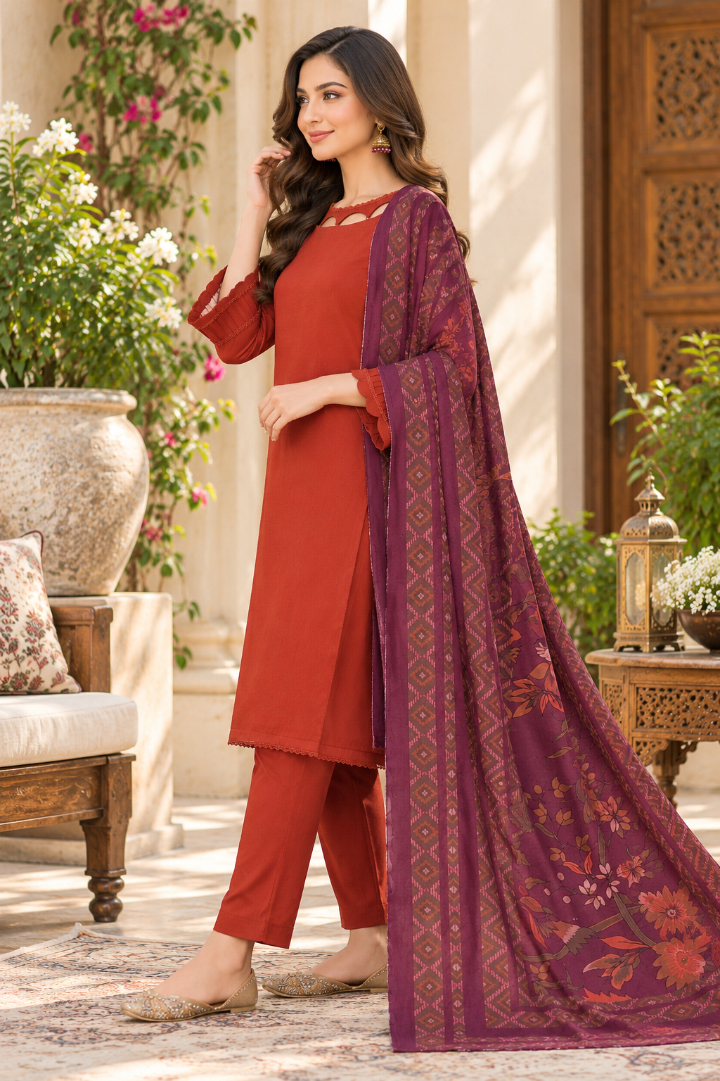 Rust Orange Dhanak 3-Piece Suit with Printed Plum Dhanak Shawl