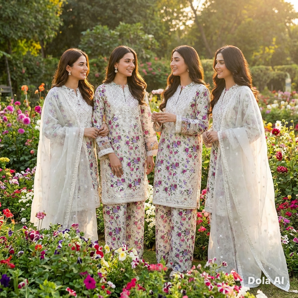 Floral suit with wide trousers and Chiffon embroidery dupatta