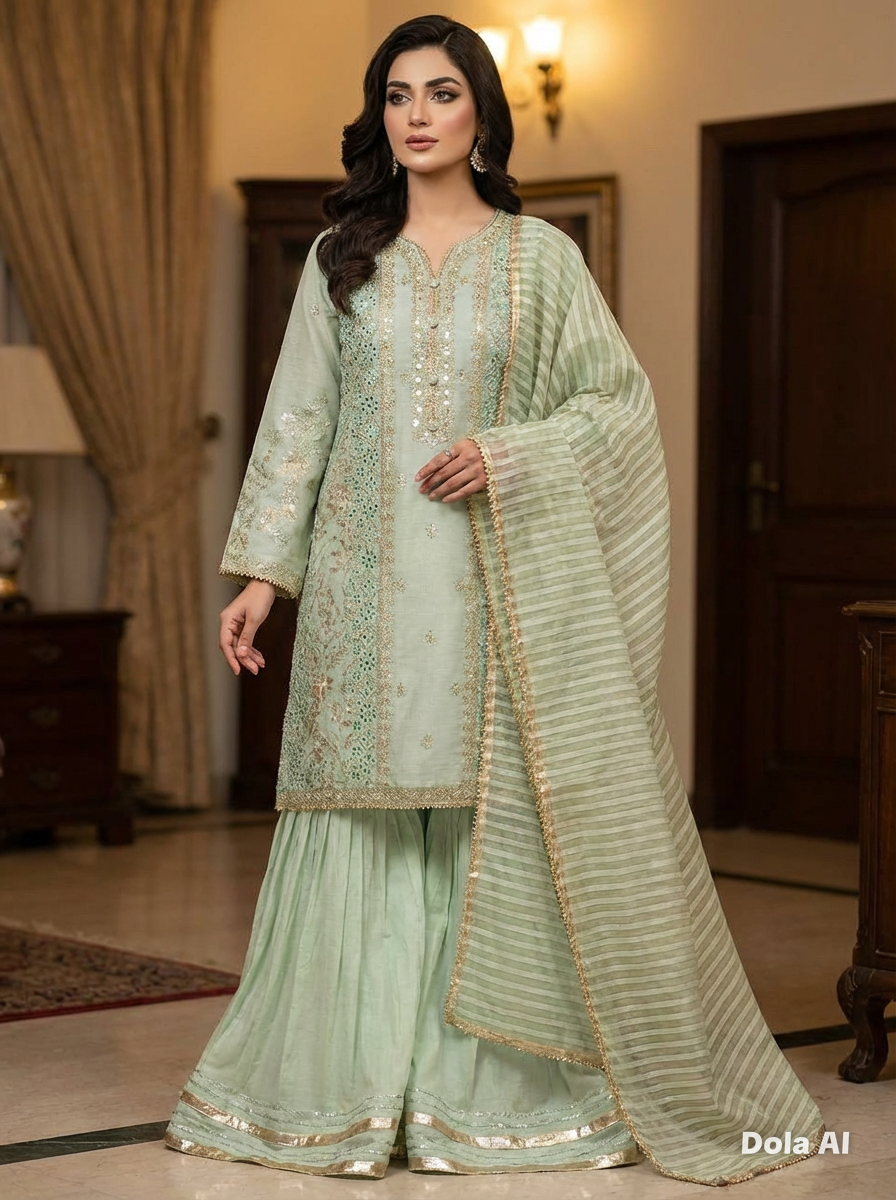 Mint green organza sharara with green duppata