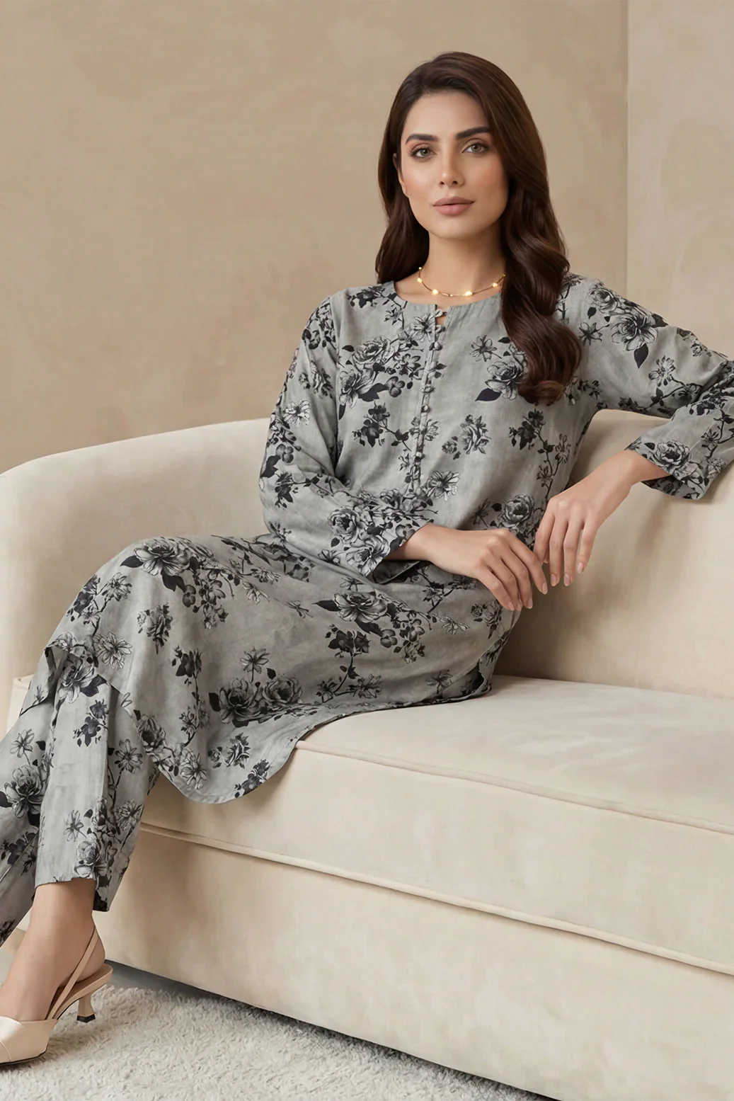 2pc co-ord set light grey with black floral flowers print noore vol 4