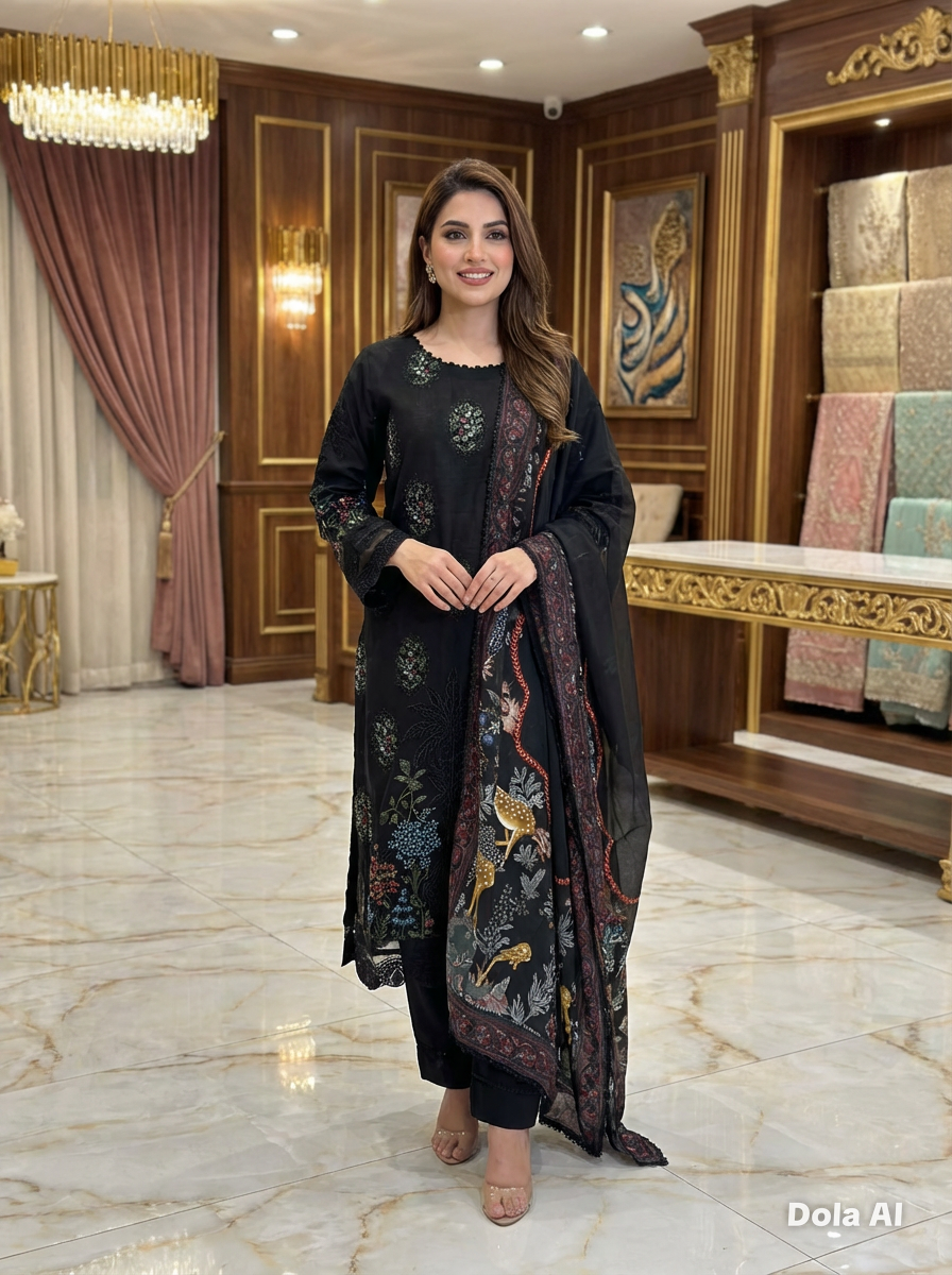 Maria b inspired black with red and blue embroidery 3pc outfit