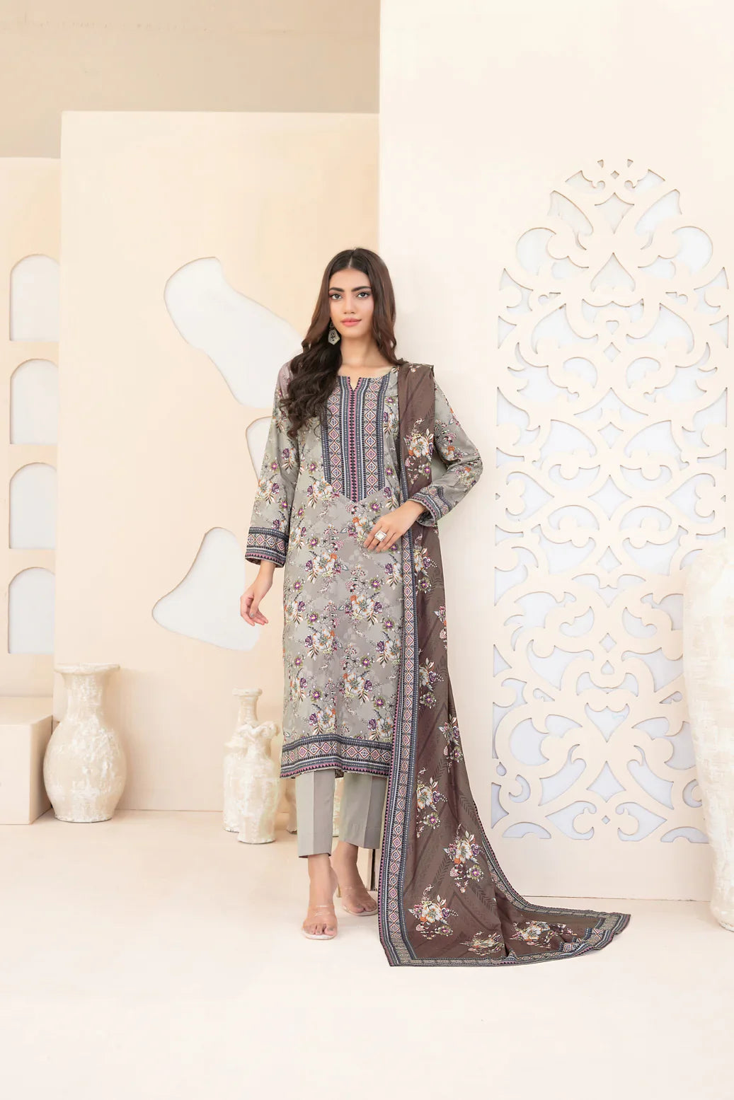 3pc suit grey floral with brown shawl