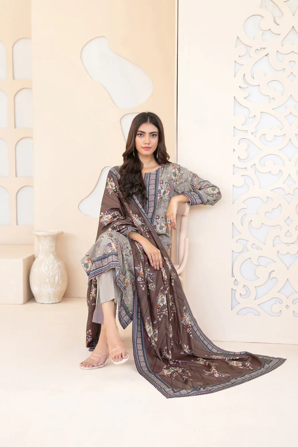 3pc suit grey floral with brown shawl