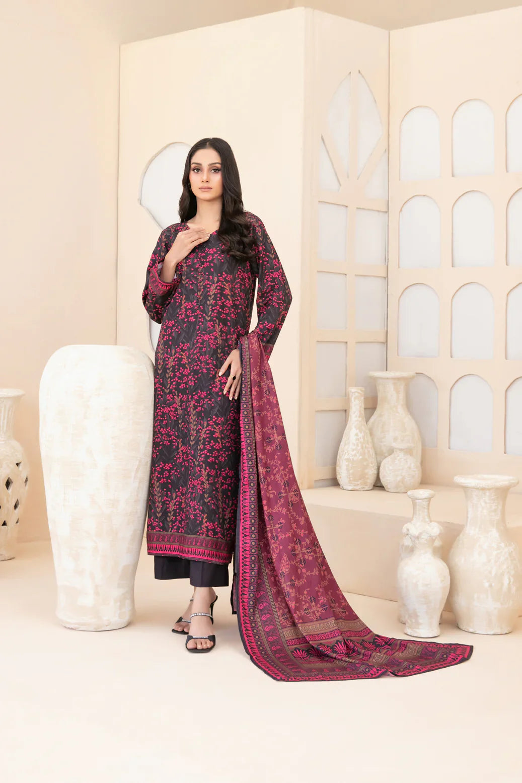 3pc black and pink outfit with a printed shawl