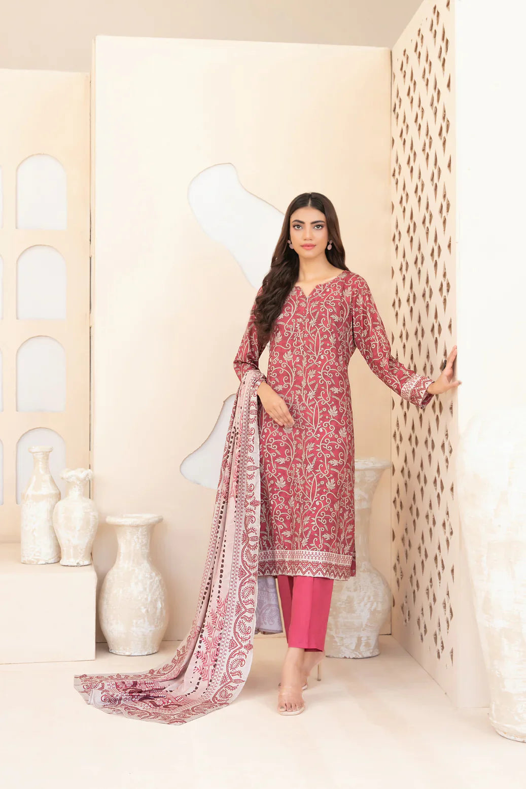 3pc pink and baige print suit