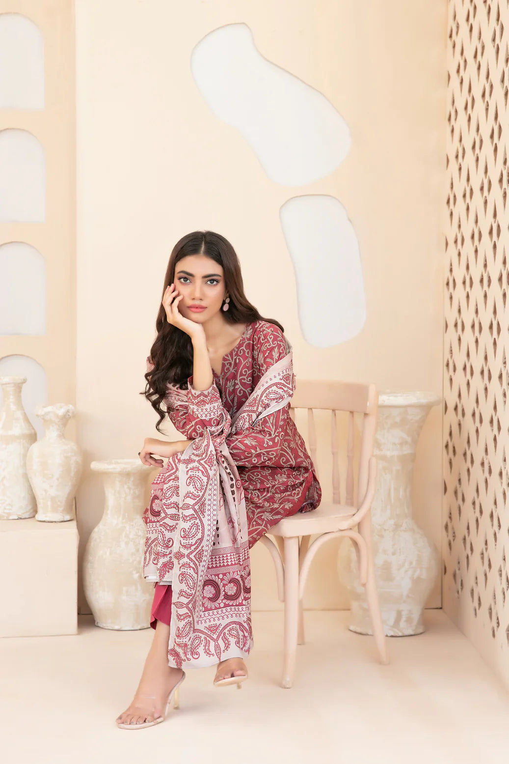 3pc pink and baige print suit