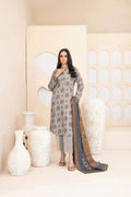 3pc light grey with blue print and contrast brown shawl