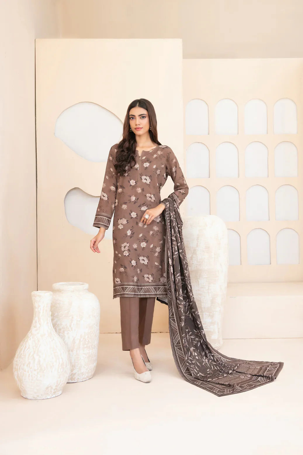 3pc brown outfit with Baige print and contrast shawl suit