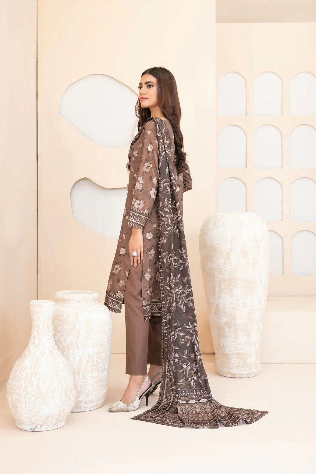 3pc brown outfit with Baige print and contrast shawl suit