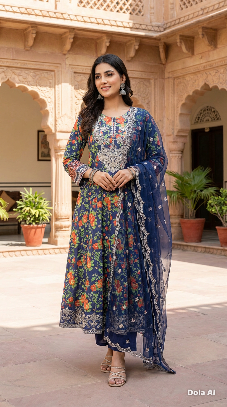 3pc long floral frock  Suit with embroidery chiffon scarf