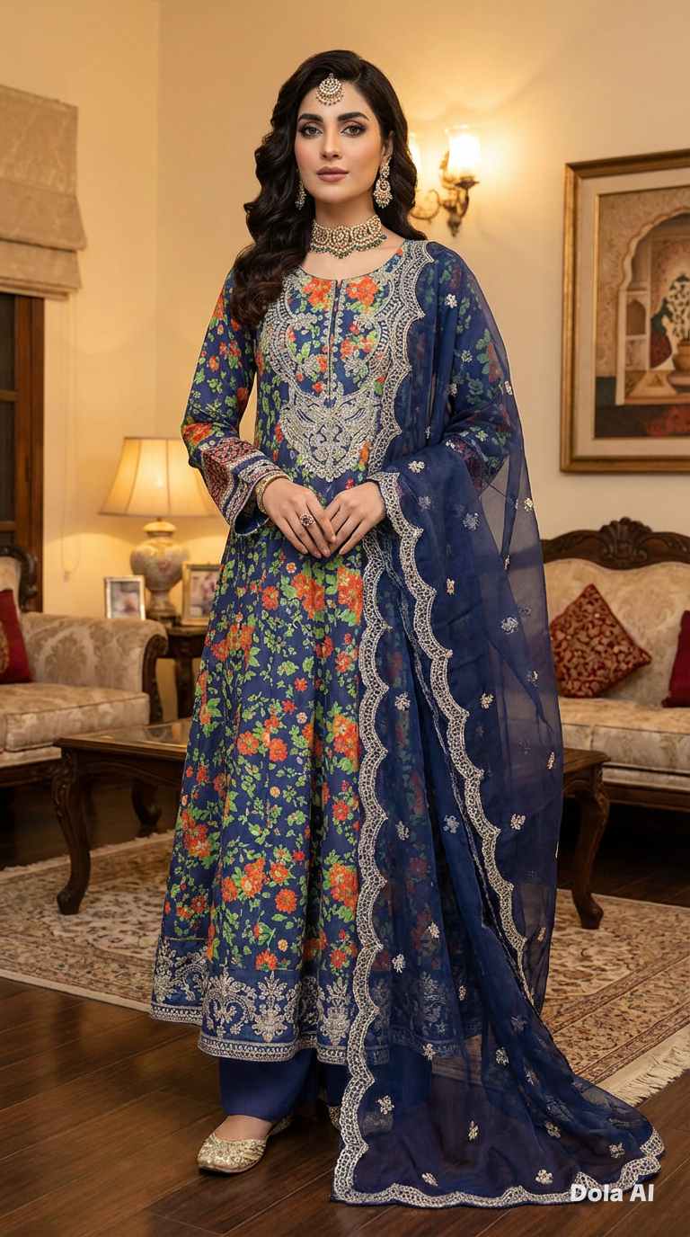 3pc long floral frock  Suit with embroidery chiffon scarf