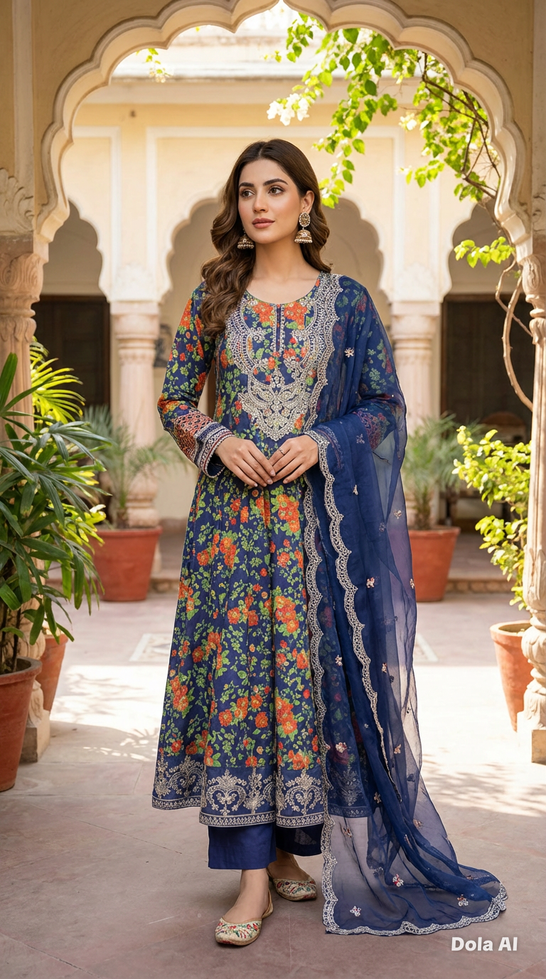 3pc long floral frock  Suit with embroidery chiffon scarf