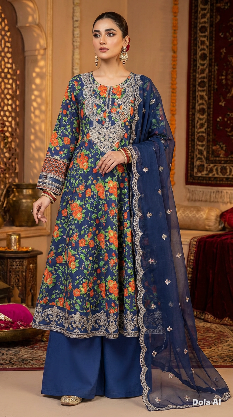 3pc long floral frock  Suit with embroidery chiffon scarf