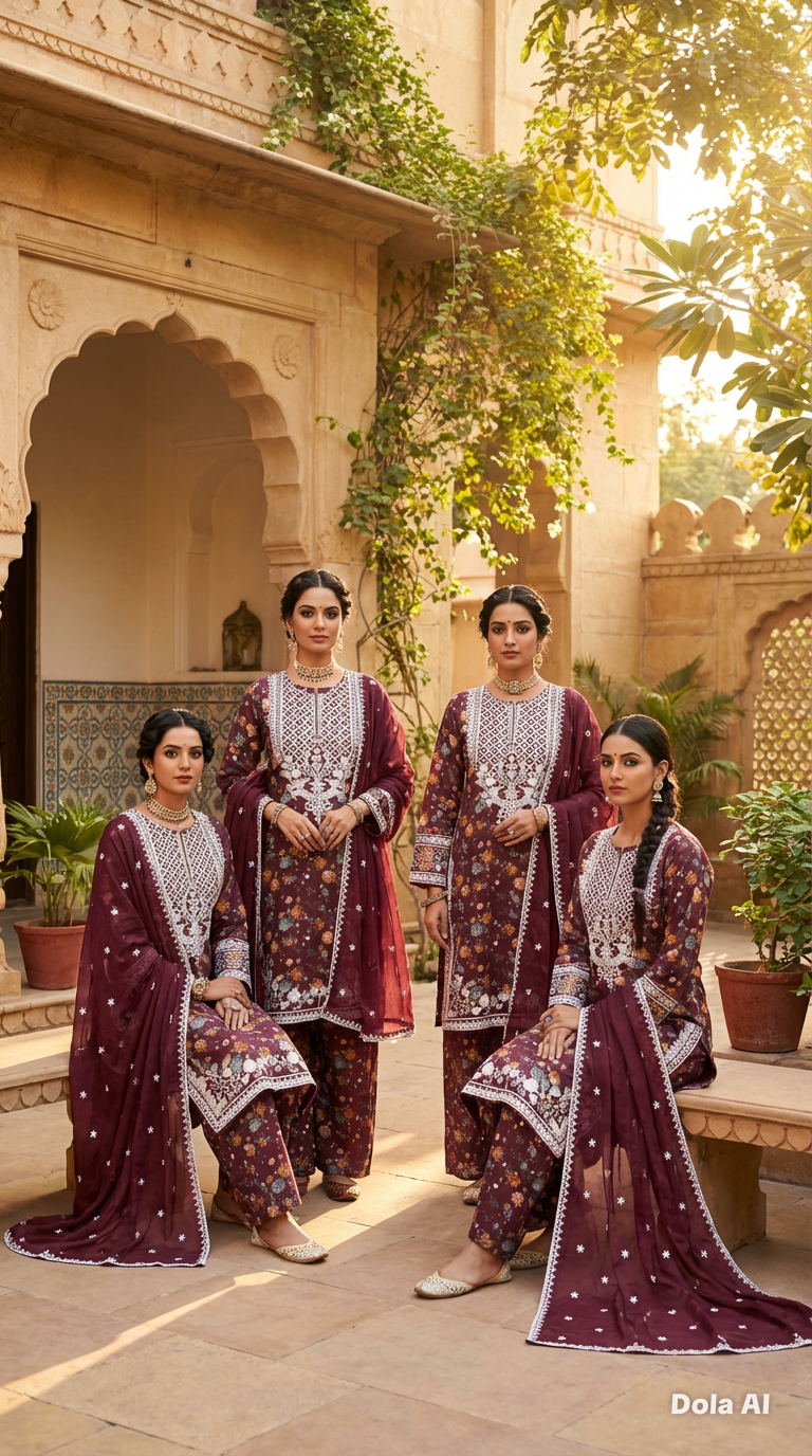 Floral suit with wide trousers and Chiffon embroidery dupatta
