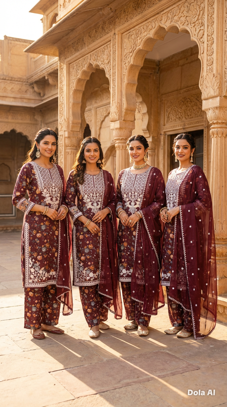 Floral suit with wide trousers and Chiffon embroidery dupatta