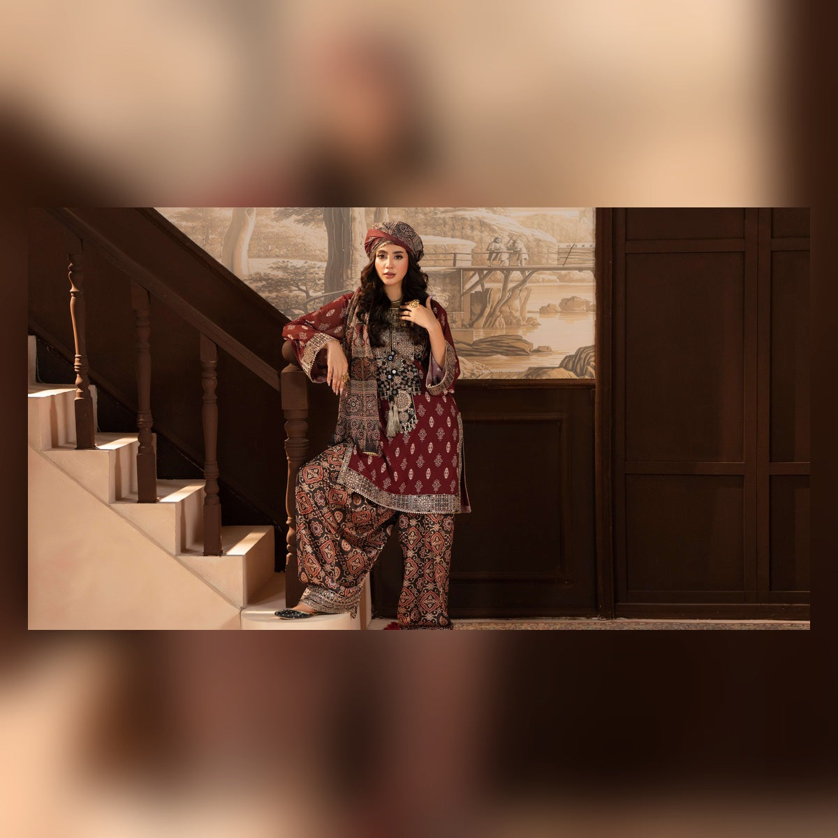 Burgundy Printed Suit with Ornate Borders - image 1