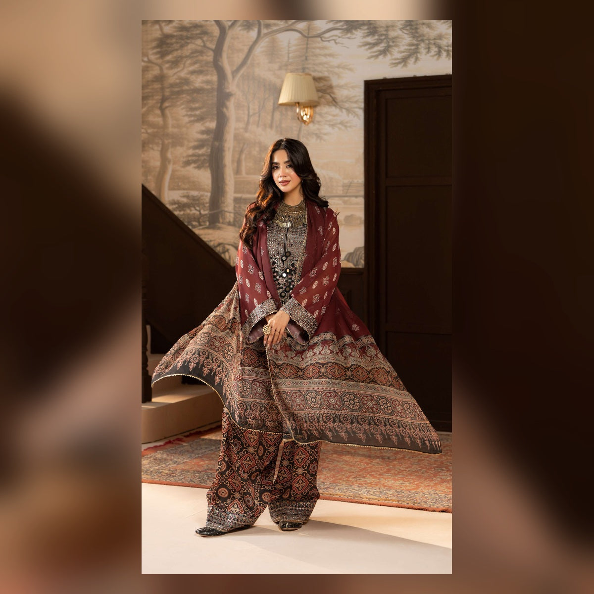 Burgundy Printed Suit with Ornate Borders - image 2