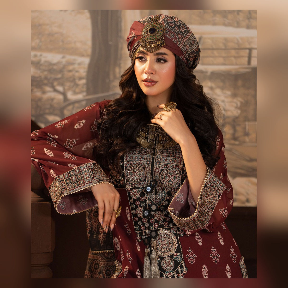 Burgundy Printed Suit with Ornate Borders - image 3