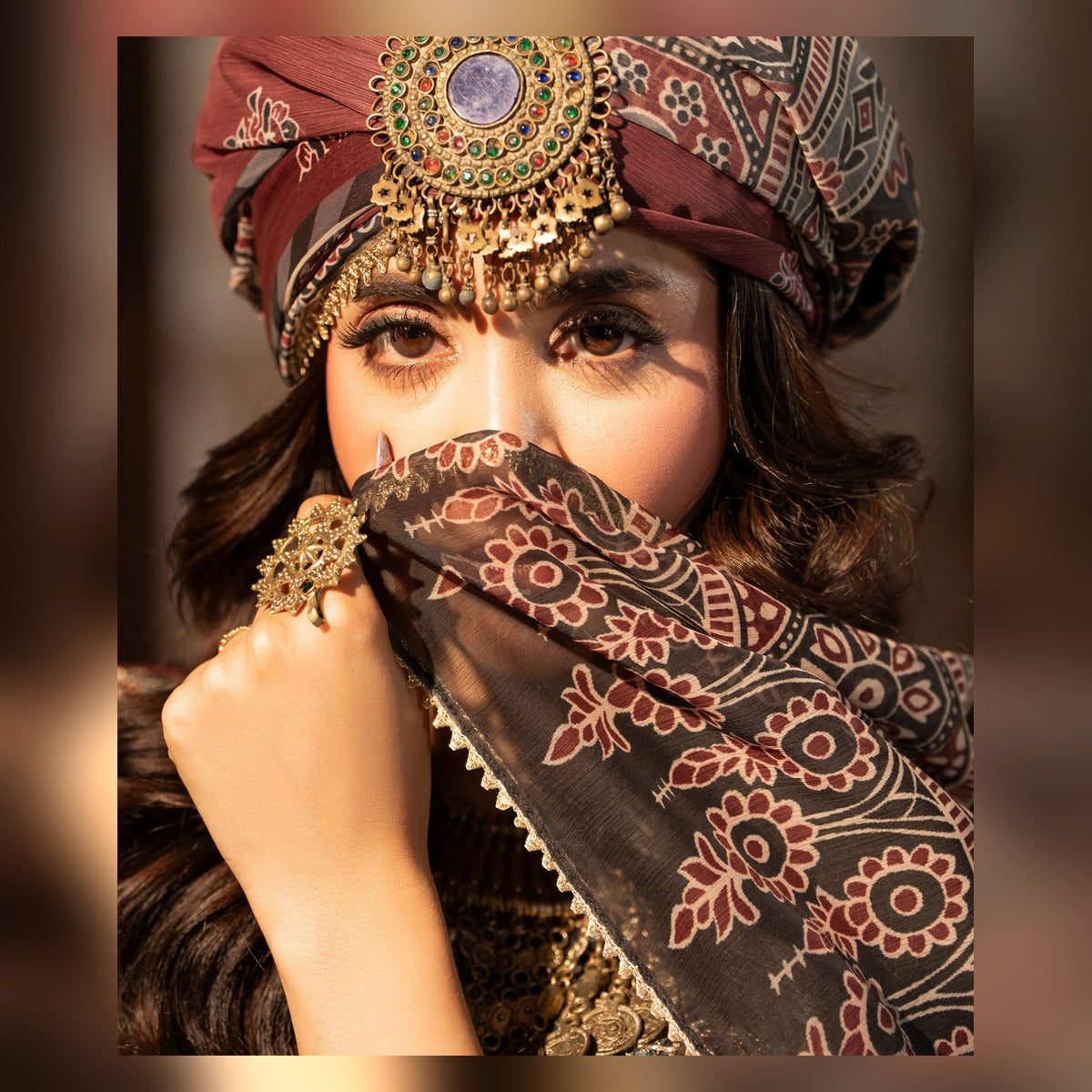 Burgundy Printed Suit with Ornate Borders - image 4