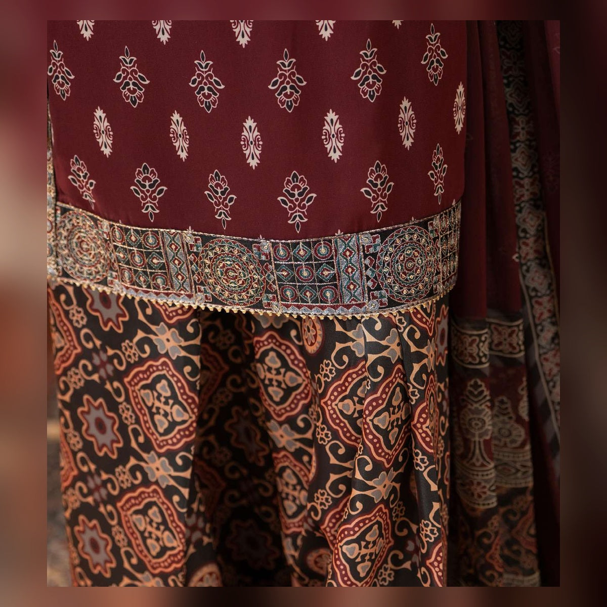 Burgundy Printed Suit with Ornate Borders - image 5
