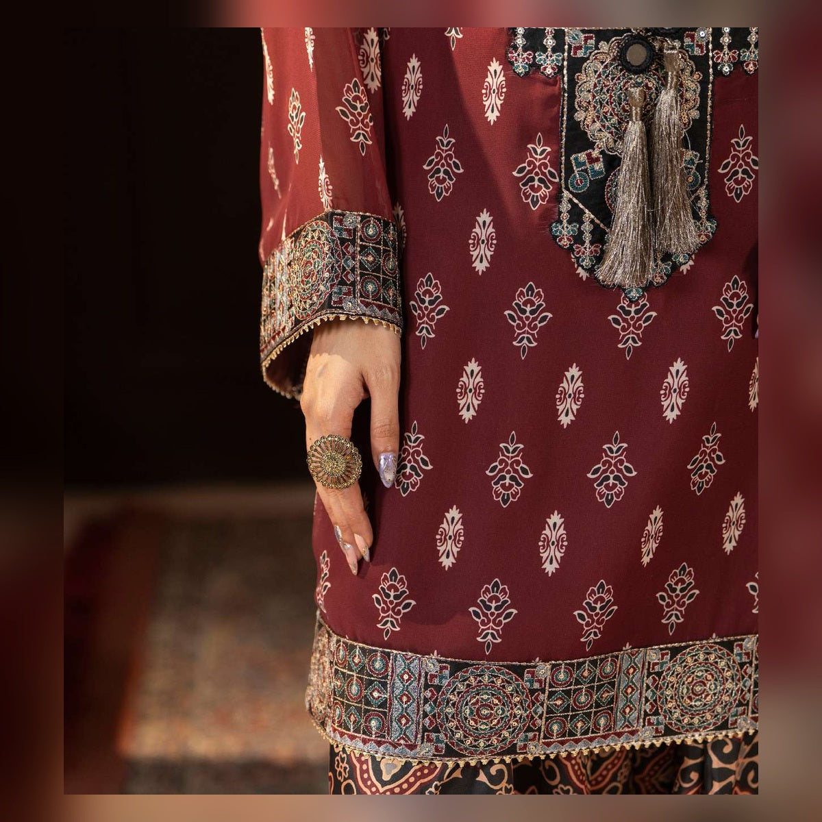 Burgundy Printed Suit with Ornate Borders - image 6