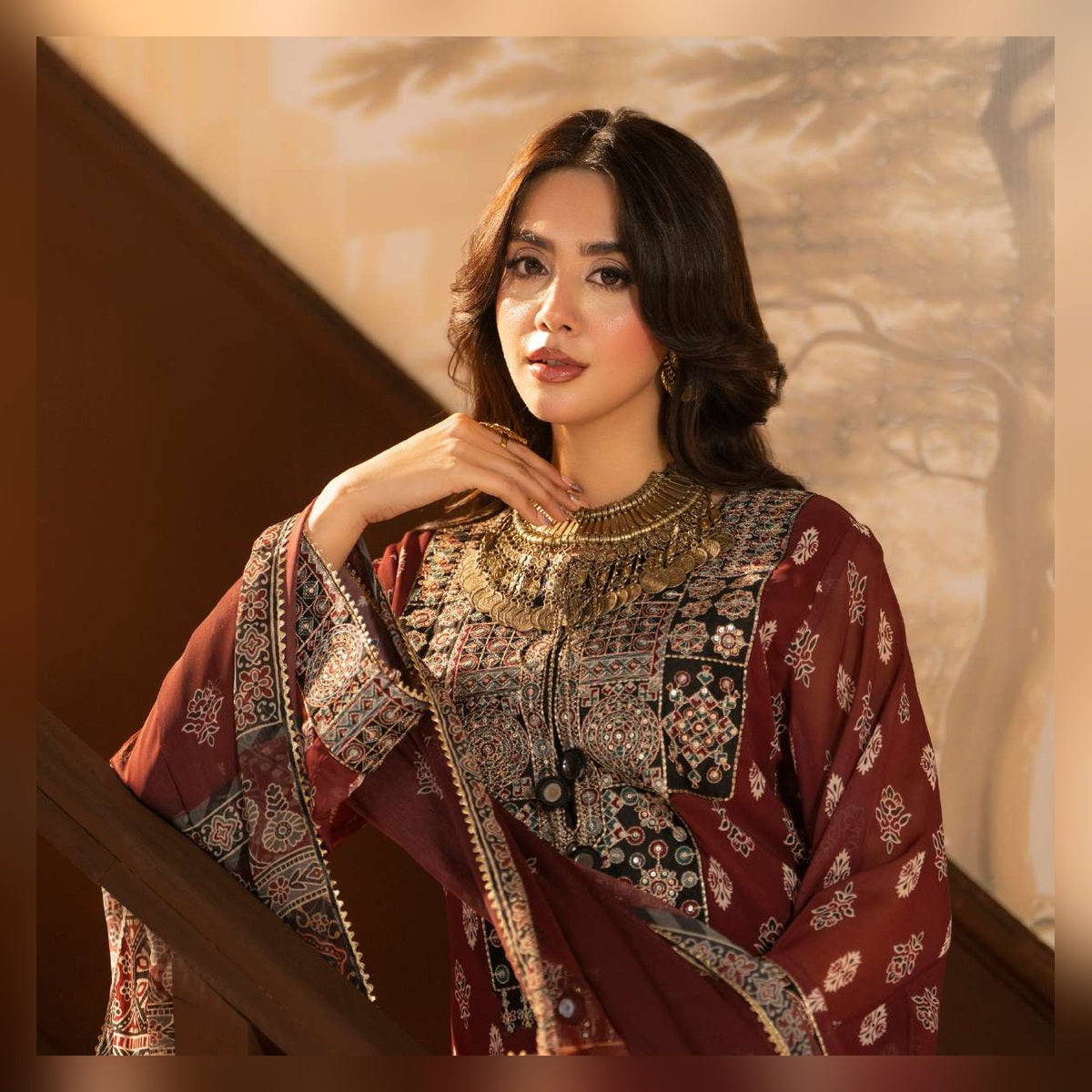 Burgundy Printed Suit with Ornate Borders - image 7
