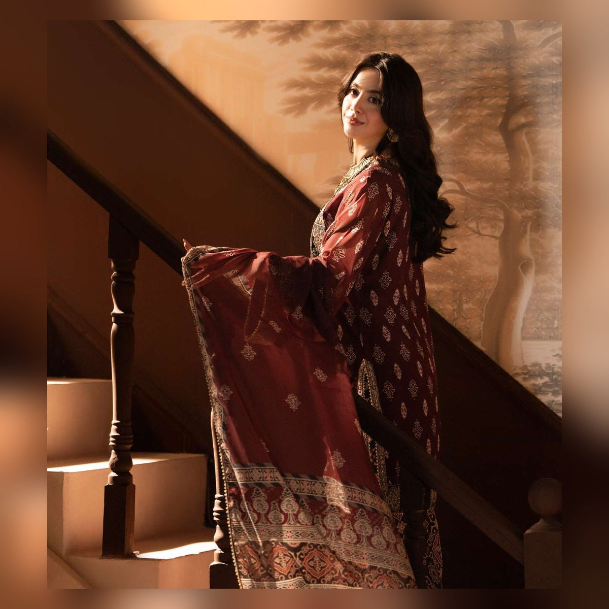 Burgundy Printed Suit with Ornate Borders - image 8
