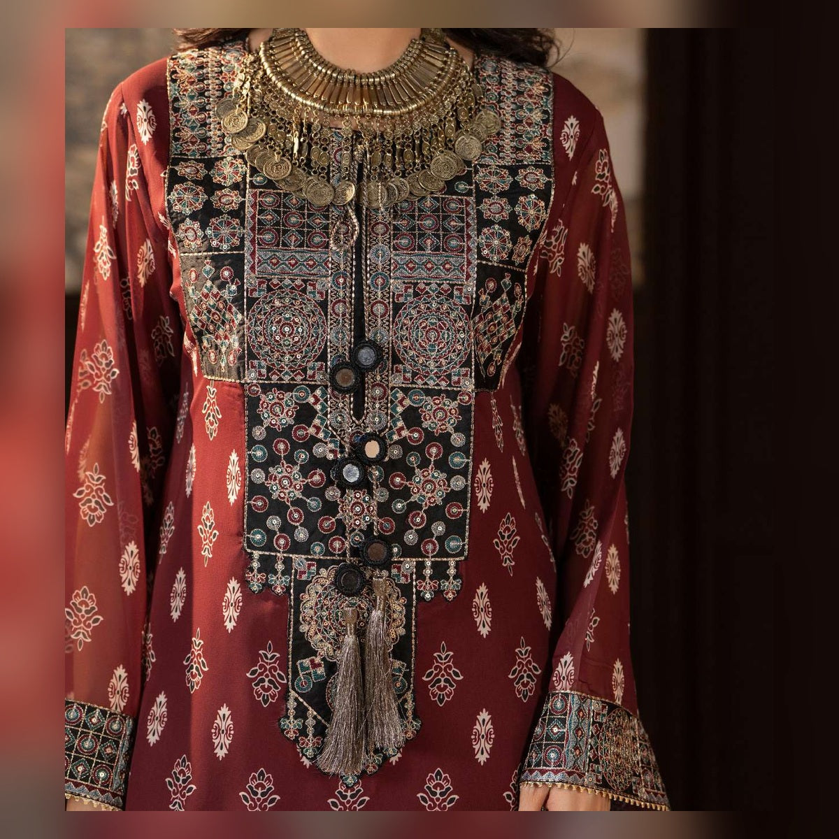 Burgundy Printed Suit with Ornate Borders - image 9