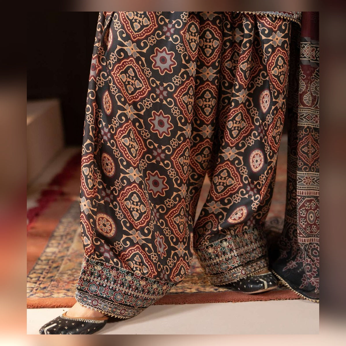 Burgundy Printed Suit with Ornate Borders - image 10