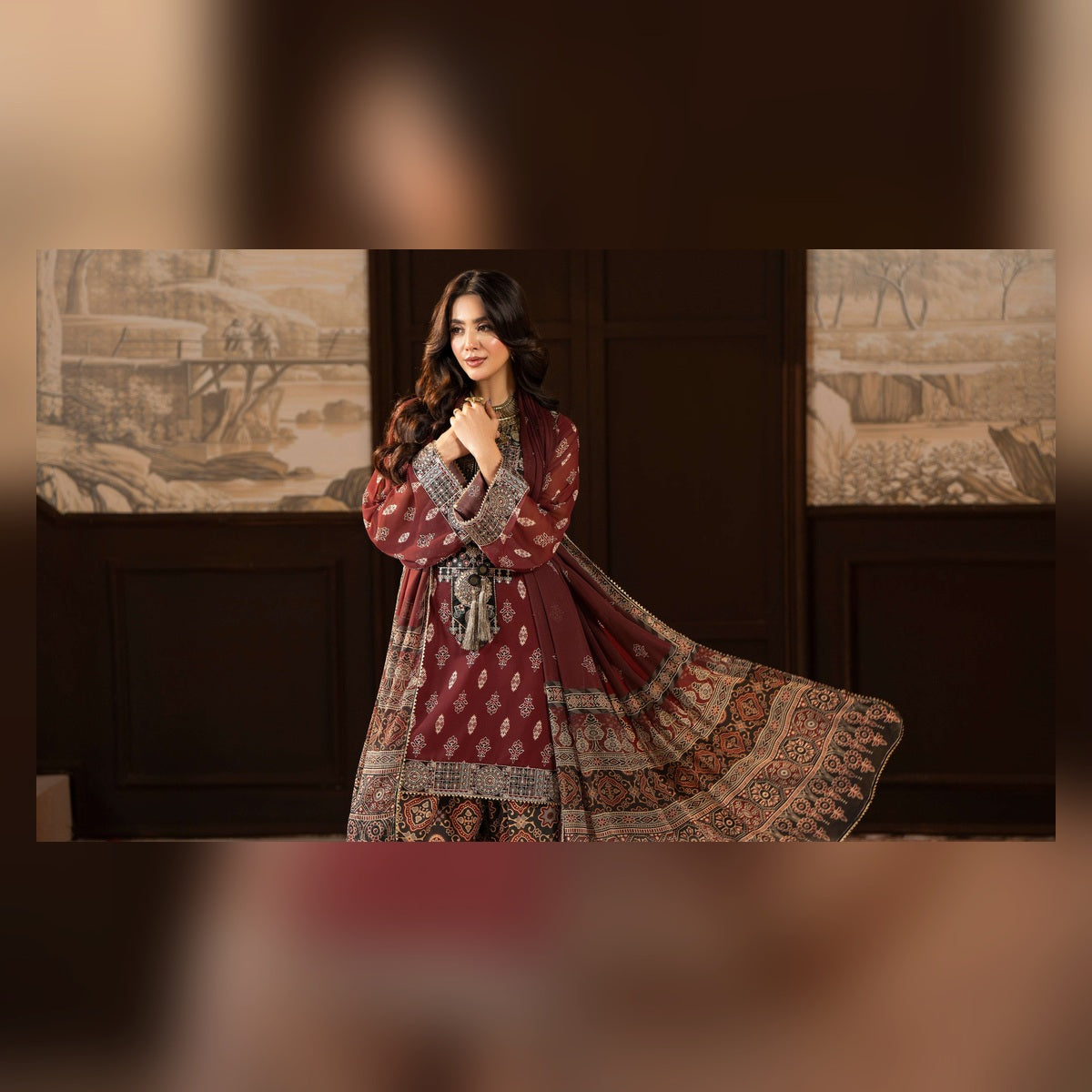 Burgundy Printed Suit with Ornate Borders - image 11