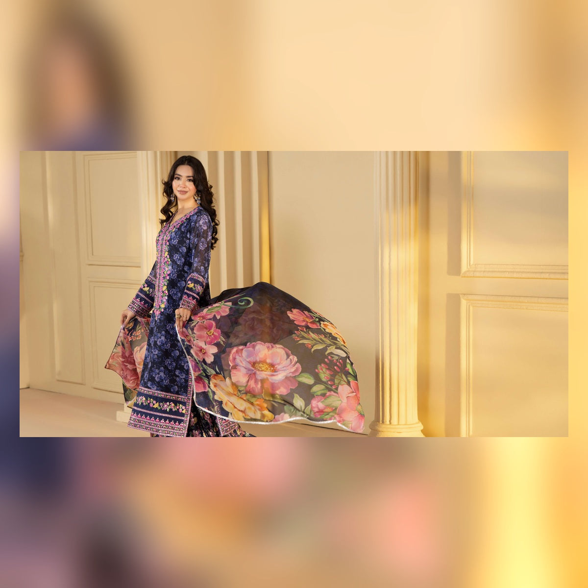 Navy Blue Floral Printed Suit - image 1
