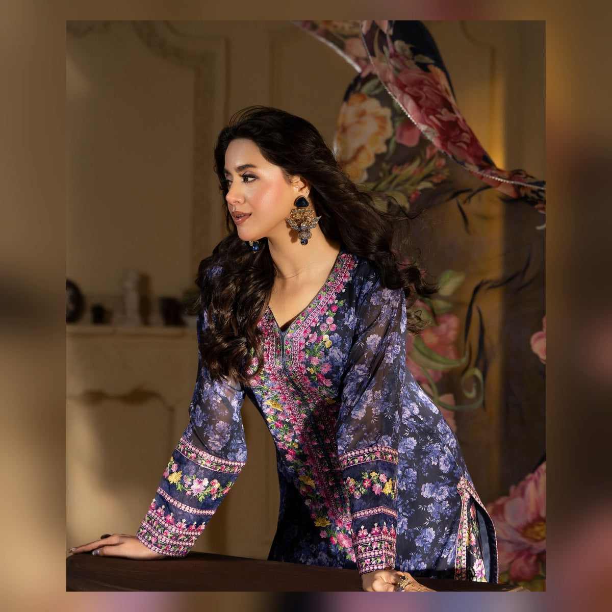 Navy Blue Floral Printed Suit - image 3