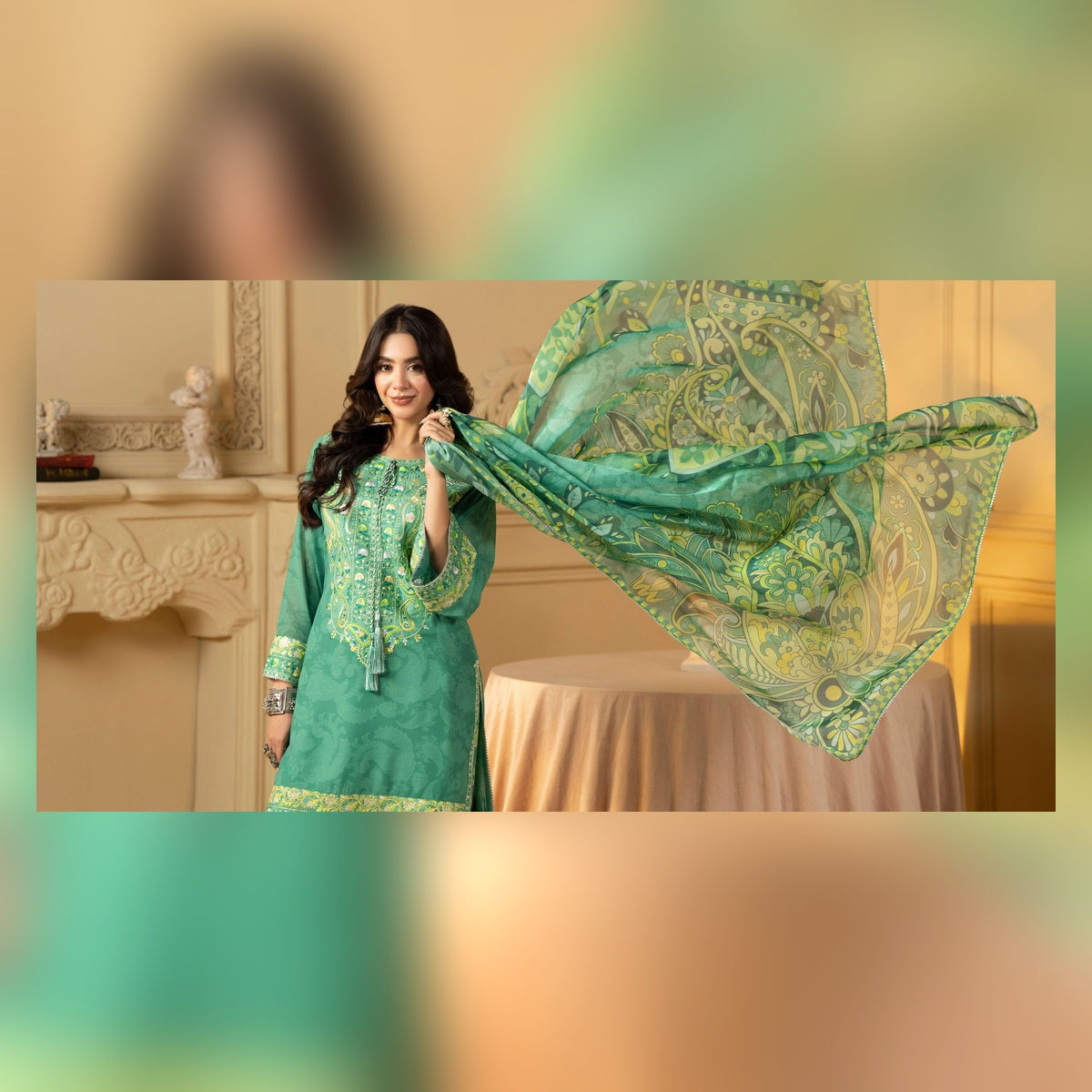 Emerald Green Printed and Embroidered Suit - image 1