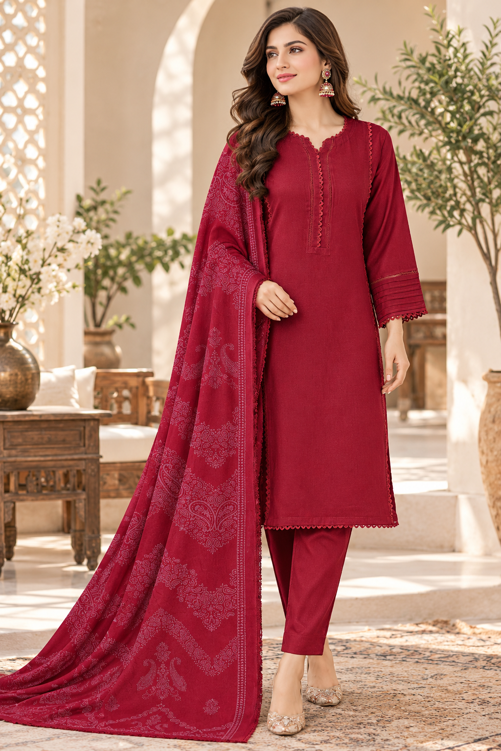 Maroon Red Dhanak 3-Piece Suit with Printed Dhanak Shawl