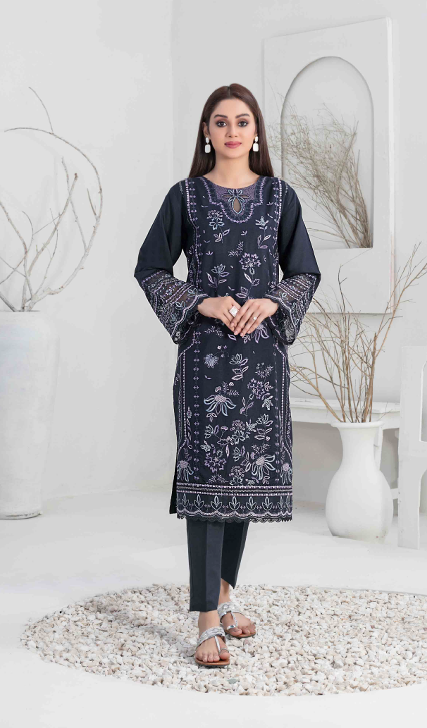 Black Embroidered Slub Linen 2-Piece Suit