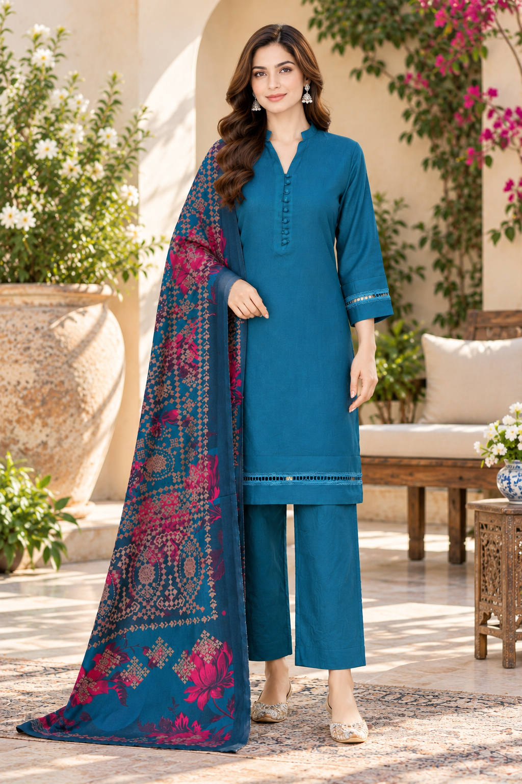 Teal Blue Dhanak 3-Piece Suit with Printed Dhanak Shawl