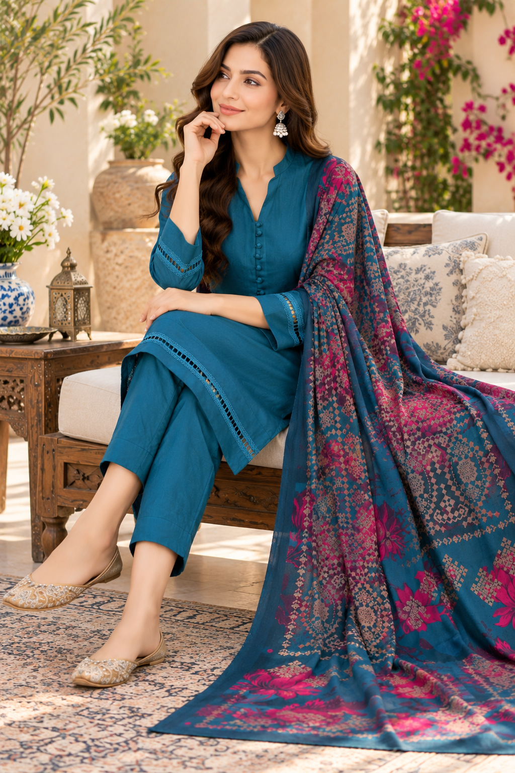 Teal Blue Dhanak 3-Piece Suit with Printed Dhanak Shawl