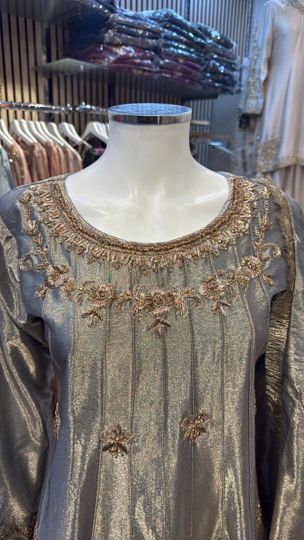 Slate Gray Organza Frok with Dupatta