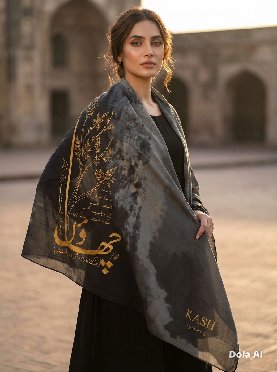 One size Urdu poetry shawls shades of grey with gold writing