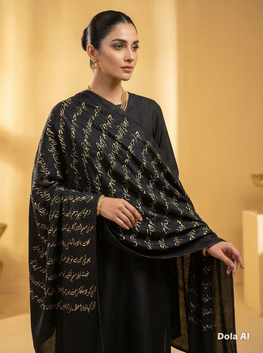 One size Urdu poetry shawls black with gold writing