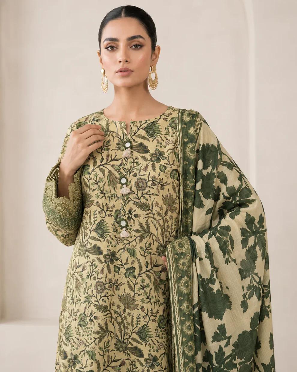 Elegant Olive Green Floral Printed 3 Piece Suit with Matching Dupatta