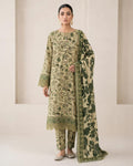 Elegant Olive Green Floral Printed 3 Piece Suit with Matching Dupatta