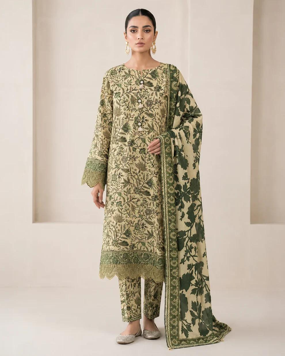 Elegant Olive Green Floral Printed 3 Piece Suit with Matching Dupatta