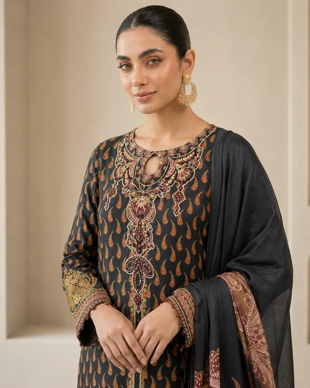 Elegant Black Paisley Printed 3 Piece Suit with Chiffon Dupatta