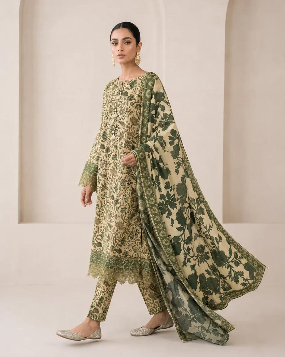 Elegant Olive Green Floral Printed 3 Piece Suit with Matching Dupatta